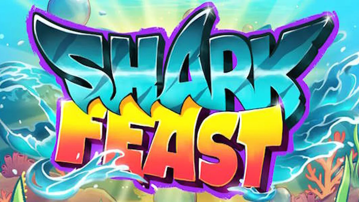 Visual vibrante e neon do jogo Shark Feast com elementos subaquáticos.